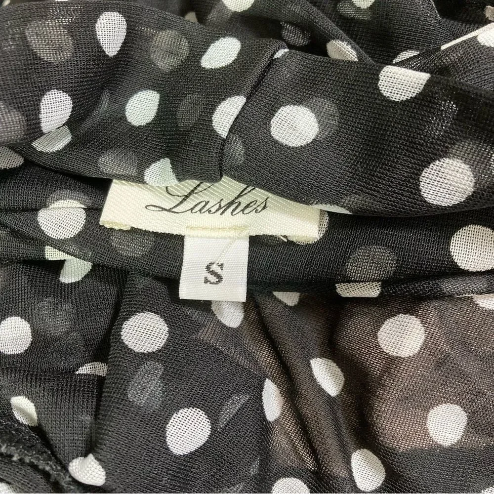 Y2K Lashes Mesh Blouse Black White Polka Dots Deep V Neck Small